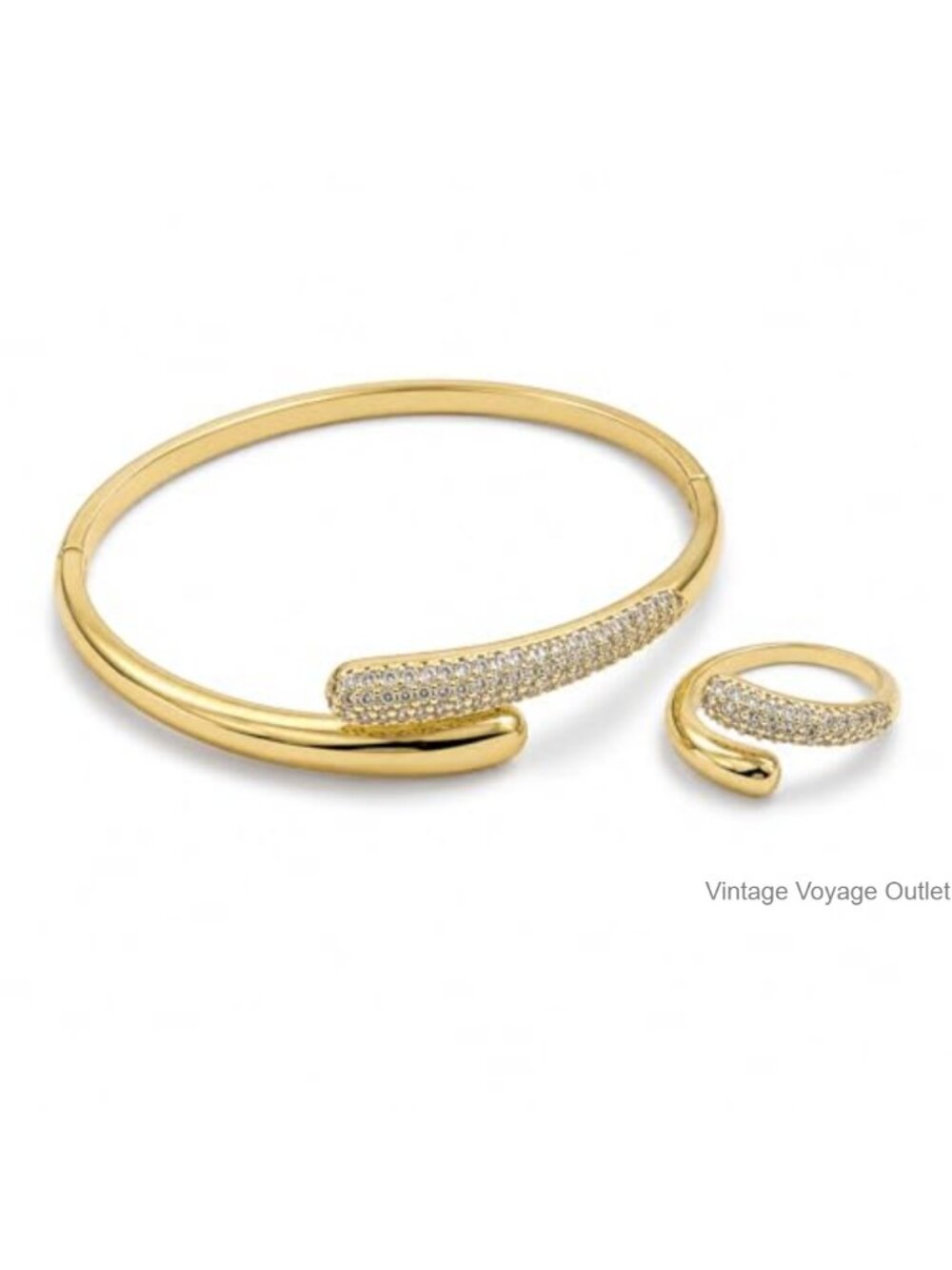 Gold Cuff Bangle Bracelet and Ring Set Brass CZ Elegant Gift